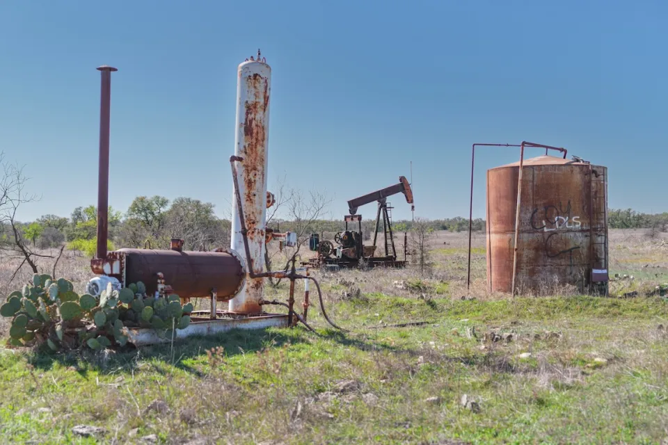 Rusty abandoned oil well and equipment with prickly pear cactus next to it in West Texas.